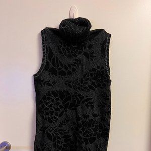 Black Rose Pattern Sleeveless Turtleneck Dress, Petite